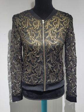 Rebellion Again Women's Metallic Lace Overlay Bomber Jacket Small Black Gold